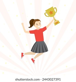 Happy caucasian schoolgirl in jump. Successful student girl holds winner cup. Award ceremony for winner. Cute kid holds reward. Cartoon female character. Flat vector illustration