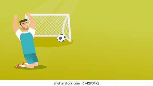 Happy caucasian soccer player celebrating a goal. Young football player kneeling with raised arms on the background of football gate with ball in it. Vector flat design illustration. Horizontal layout