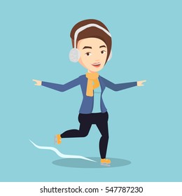 Happy caucasian sportswoman ice skating. Young smiling woman ice skating. Young cheerful woman at skating rink. Female figure skater posing on skates. Vector flat design illustration. Square layout.