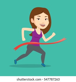 Happy caucasian sportswoman running through finishing line. Cheerful winner crossing finish line. Sprinter breaking the tape. Woman winning marathon. Vector flat design illustration. Square layout.