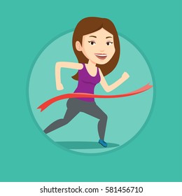 Happy caucasian sportswoman running through finish line. Cheerful winner crossing finish line. Sprinter breaking the finish line. Vector flat design illustration in the circle isolated on background.