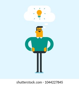 Happy caucasian student pointing finger up at the glowing idea lightbulb. Young excited student with bright idea lightbulb. Student having a great idea. Vector cartoon illustration. Square layout.