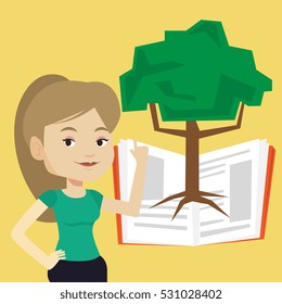 Happy caucasian student standing on the background of tree growing from open book. Cheerful student pointing at tree of knowledge. Concept of education. Vector flat design illustration. Square layout.