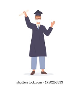 Happy caucasian student wearing face mask and celebrating graduation holding diploma. Smiling academic man in bachelor apparel raising hands isolated on white. Vector flat Joyous cartoon character.