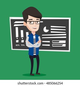 Happy caucasian teacher or student standing in front of chalkboard. Young smiling teacher with folded arms standing in classroom. Concept of education. Vector flat design illustration. Square layout.