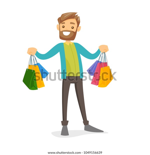買い物袋を持つ白人の幸せな消費者 買い物袋をたくさん持つ若い男 買い物を見せてる男 白い背景にベクターカートーンイラスト 正方形のレイアウト のベクター画像素材 ロイヤリティフリー