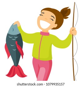 Happy Caucasian White Fisherwoman Proud Of Catch After Fishing. Young Cheerful Woman Fishing. Angler Holding A Big Fish Hands. Vector Cartoon Illustration Isolated On White Background. Square Layout.