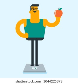 Happy caucasian white man holding an apple in hand and weighing after a diet. Man satisfied with the result of diet. Dieting and healthy lifestyle concept. Vector cartoon illustration. Square layout.