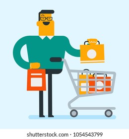 Happy caucasian white man pushing cart full of shopping bags. Young smiling consumer standing with a lot of bags. Retail business and shopping concept. Vector cartoon illustration. Square layout.