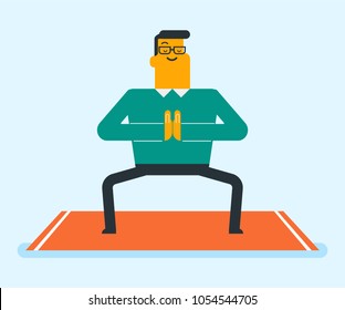 Happy caucasian white sportsman meditating in yoga goddess pose. Man relaxing in the yoga goddess position or sumo squat posture on the mat. Healthy lifestyle concept. Vector cartoon illustration.