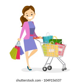 Happy caucasian white woman pushing cart full of shopping bags. Young smiling consumer standing with a lot of shopping bags. Vector cartoon illustration isolated on white background. Square layout.