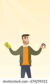 Happy caucasian wman holding money and model of house in hands. Young glad hipster man got loan for buying a house. Concept of real estate loan. Vector flat design illustration. Vertical layout.