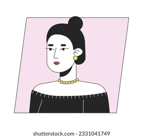 Happy caucasian woman with bun hairstyle flat color cartoon avatar icon. Editable 2D user portrait linear illustration. Isolated vector face profile clipart. Userpic, person head and shoulders