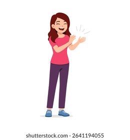 Happy Caucasian Woman Clapping with Smile and Expressing Excitement in Full Body Illustration