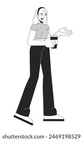 Happy caucasian woman with coffee cup black and white 2D line cartoon character. European female with drink walking isolated vector outline person. Lifestyle monochromatic flat spot illustration