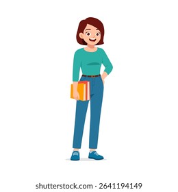 Happy Caucasian Woman Holding Books, Posing with a Smile, Standing Against White Background