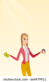 Happy caucasian woman holding money and model of house in hands. Young cheerful woman got loan for buying a house. Concept of real estate loan. Vector flat design illustration. Vertical layout.