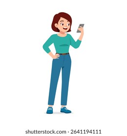 Happy Caucasian Woman Holding Smartphone and Smiling with Hand on Hip in Full Body Illustration