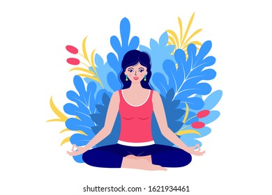Happy caucasian woman meditates sitting in nature. Yoga concept.