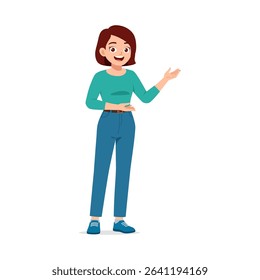Happy Caucasian woman presenting with open hand gesture in casual clothes illustration