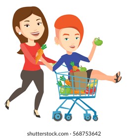 Happy caucasian woman pushing a shopping trolley with her friend. Young carefree friends having fun while riding by shopping trolley. Vector flat design illustration isolated on white background.