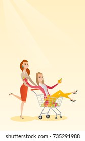 Happy caucasian woman pushing a shopping trolley with her friend. Couple of young carefree friends having fun while riding in shopping trolley. Vector flat design illustration. Vertical layout.