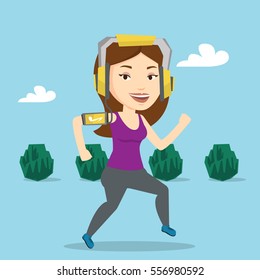 Happy caucasian woman running with earphones and armband for smartphone. Young woman using smartphone to listen to music while running in the park. Vector flat design illustration. Square layout.