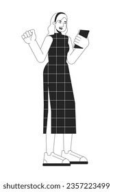 Happy caucasian woman with smartphone flat line black white vector character. Editable outline full body person. Using gadget simple cartoon isolated spot illustration for web graphic design