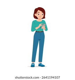 Happy Caucasian woman standing and using a mobile phone with a smiling expression illustration