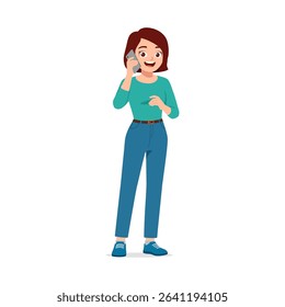 Happy Caucasian Woman Talking on Smartphone While Standing on a White Background