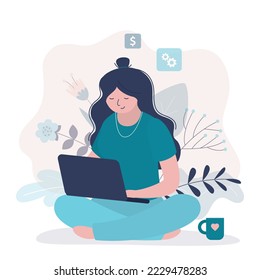Happy caucasian woman working on laptop. Remote work process, freelance, free schedule. Work outside the office. Businesswoman working uses laptop. Student learning distant. Flat vector illustration