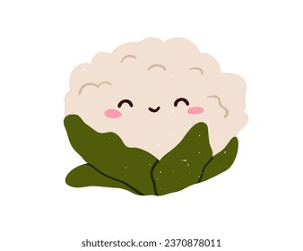 Happy cauliflower character. Cute funny vegetable, positive emotion, smiling face expression. Glad joyful food enjoying. Cheerful veggie. Kids flat vector illustration isolated on white background