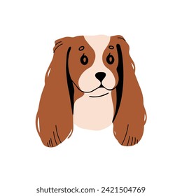 Fröhlicher Cavalier König Charles Spaniel Avatar. Rute Spielzeug brütet Welpengesicht. Fluffy Schoßhundemuzzle. Erstaunliches, reines Hundeporträt. Adorable Pelztiere. Flache einzelne Vektorgrafik auf weißem Hintergrund