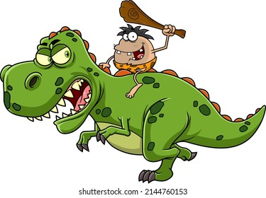 Happy Caveman With Club Riding A Giant Dinosaurs Cartoon Characters. Vector Hand Drawn Illustration Isolated On White Background