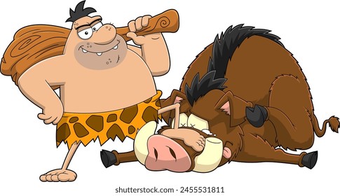 Happy Caveman With Club And Trophy Boar Cartoon Characters. Vector Hand Drawn Illustration Isolated On Transparent Background