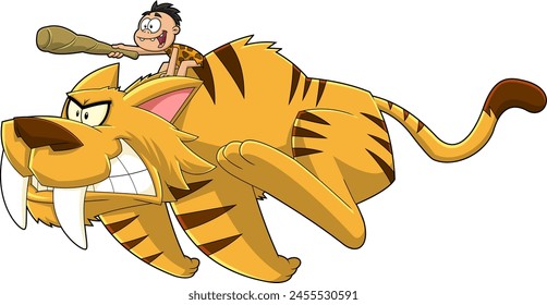 Feliz Cabalgata Cavernícola Tigre dientes de sable. Personajes De Dibujos Animados Vector Dibujado A Mano Ilustración Aislado Sobre Fondo Transparente