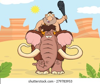 Happy Caveman Over Mammoth. Vector Illustration With Background