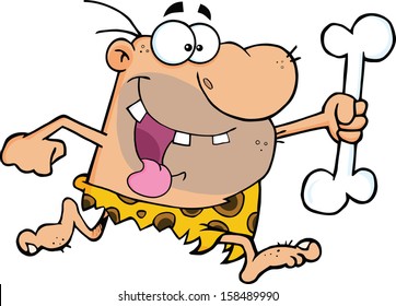 Happy Caveman Running With A Big Bone. Vector Illustration Isolated on white