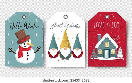 Happy celebrate xmas label, decorative elements. Christmas tags set with cute winter characters. 