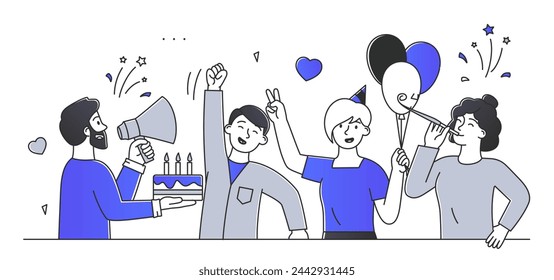 Happy celebrating birthday simple. Boys and girls near father with loudspeaker. Celebration and festival, children at party. Doodle flat vector illustration isolated on white background