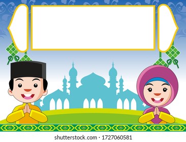 Happy celebrating Eid mubarak.cartoon vector Boy and girl muslim. ramadan kareem  Wishing for Islamic festival for banner, poster, background, flyer,illustration , greeting card