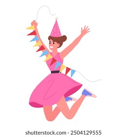 Happy celebrating girl. Woman celebrate holiday, female character with garland at Birthday party flat vector illustration. Cheerful celebrating girl