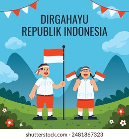 Happy celebrating independence day. All text in bahasa Indonesia. Dirgahayu means long live.