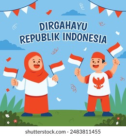 Happy celebrating independence day. All text in bahasa Indonesia. Dirgahayu means long live.