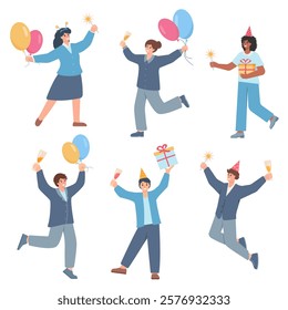 Happy celebrating office business people. Smiling women and men workers with gift boxes, balloons, drinks and holiday lights. Fun Party, holiday, sale concept. Vector characters illustration isolated.
