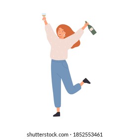 Happy celebrating woman with holding a bottle of champagne and a wine glass. Young female character at party or festive event. Flat vector cartoon illustration isolated on white background
