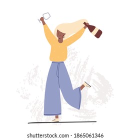 Happy celebrating woman with holding a bottle of  wine. Trendy flat illustration.