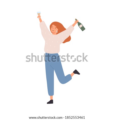 Happy celebrating woman with holding a bottle of champagne and a wine glass. Young female character at party or festive event. Flat vector cartoon illustration isolated on white background