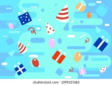 Happy celebration colourful background in flat style with gifts, presents, ribbons, balloons illustrations. Vector illustration design.