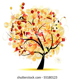 Happy celebration, funny tree with holiday symbols